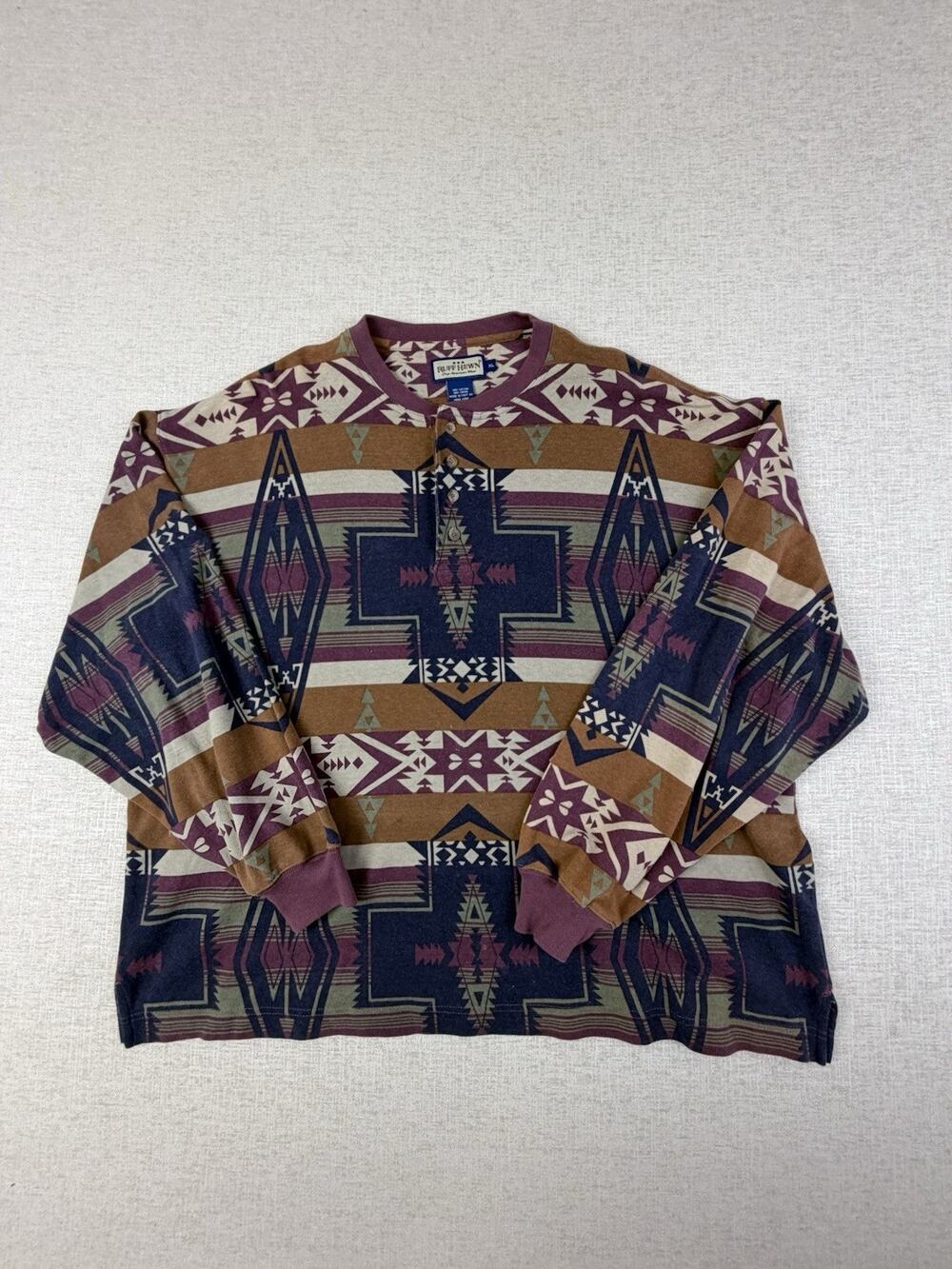 Vintage Ruff Hewn XL Southwestern Aztec Henley Shirt Long Sleeve Cotton